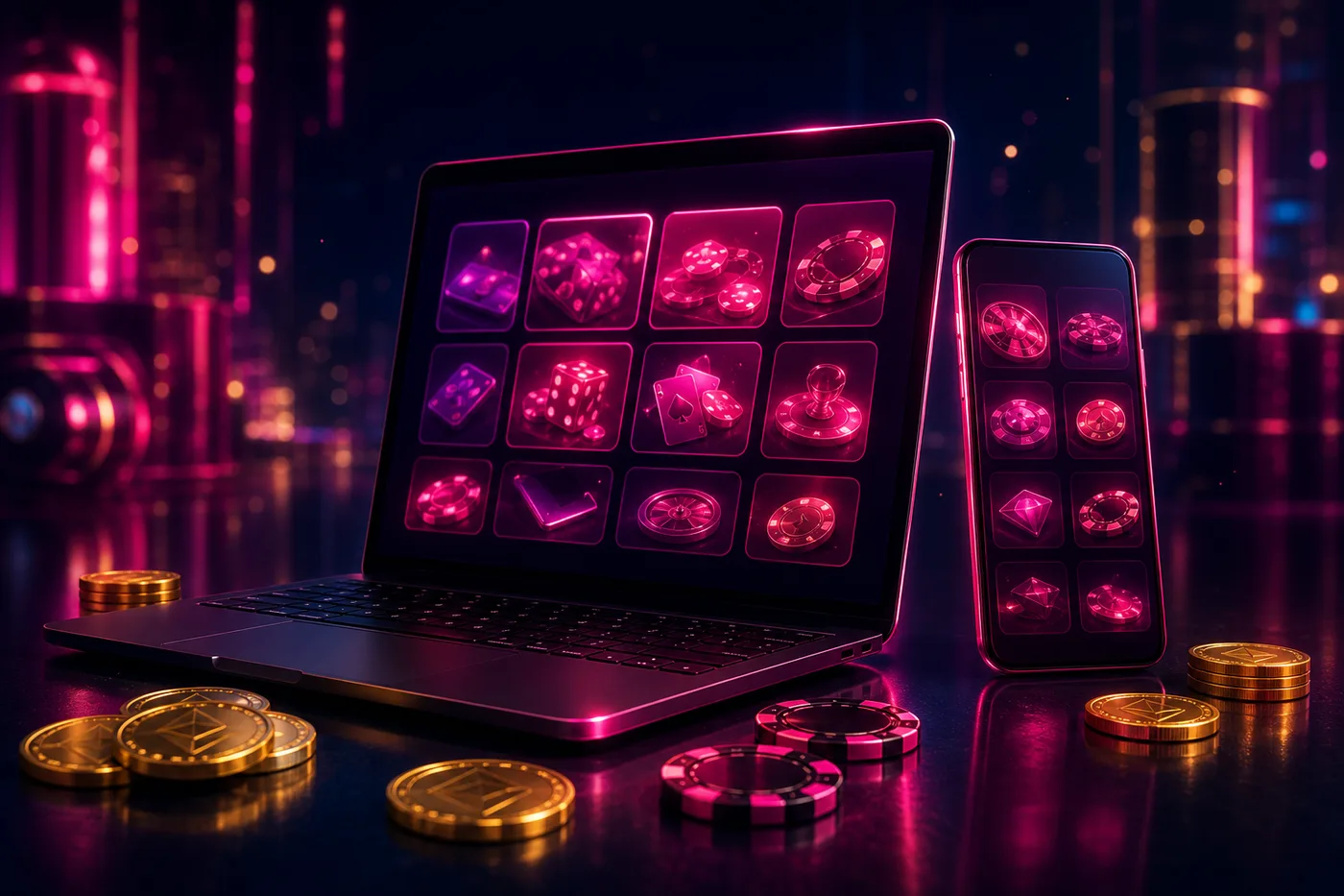 Lobby NV Casino z kategoriami gier na ekranie komputera i smartfona