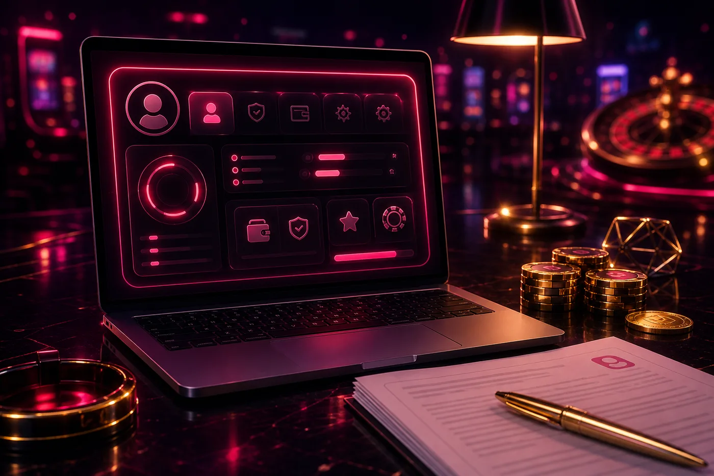Dokument regulaminu na biurku obok laptopa z otwartym kontem gracza